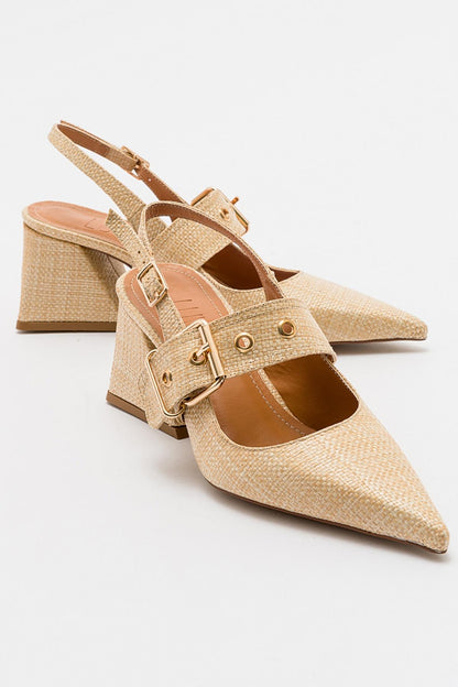 Nepido - Zapato de tacón de bloque con punta puntiaguda tejido beige (mujer)