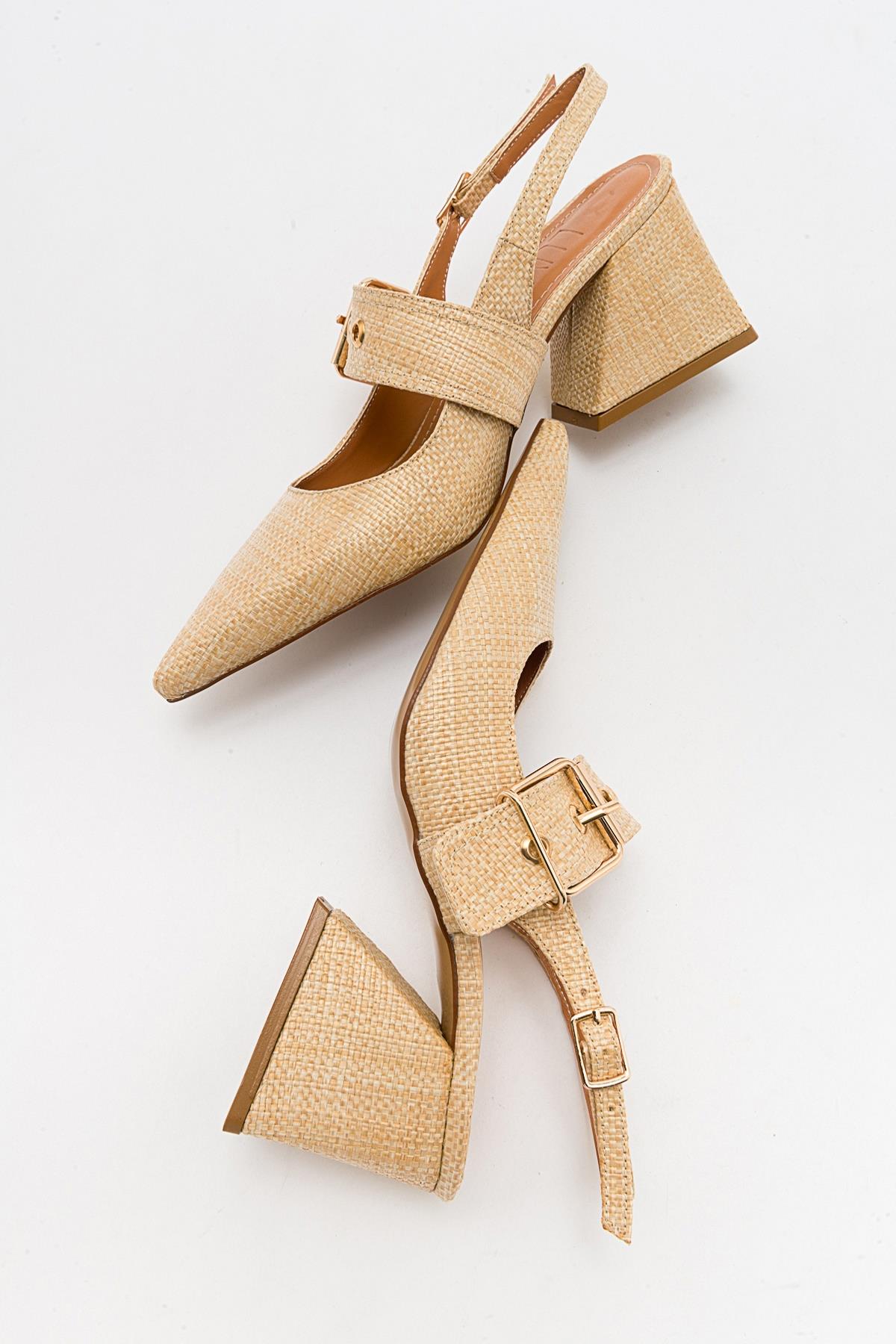 Nepido - Zapato de tacón de bloque con punta puntiaguda tejido beige (mujer)