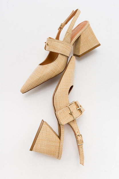 Nepido - Zapato de tacón de bloque con punta puntiaguda tejido beige (mujer)
