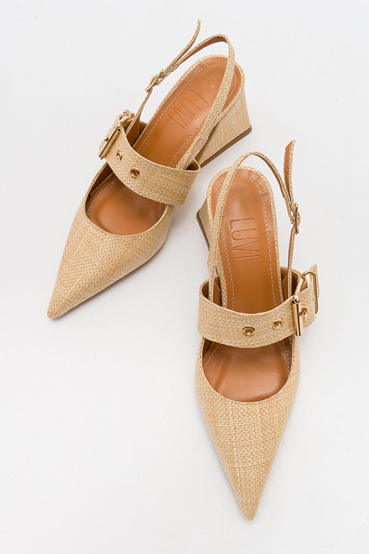 Nepido - Zapato de tacón de bloque con punta puntiaguda tejido beige (mujer)