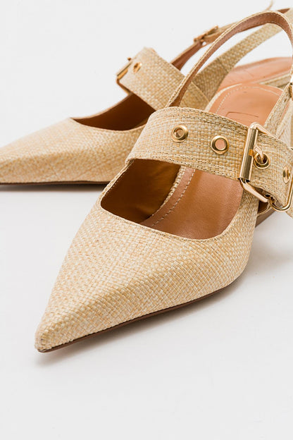 Nepido - Zapato de tacón de bloque con punta puntiaguda tejido beige (mujer)