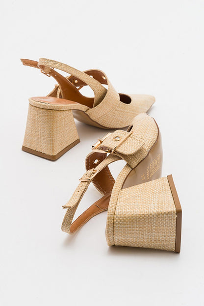 Nepido - Zapato de tacón de bloque con punta puntiaguda tejido beige (mujer)