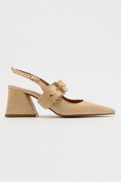 Nepido - Zapato de tacón de bloque con punta puntiaguda tejido beige (mujer)