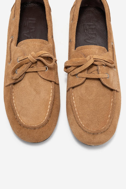 Serelis - Mocasín de cuero de gamuza coñac con cordones (Mujer)