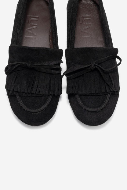 Axeli - Mocasín de cuero de gamuza negro con borlas (Mujer)