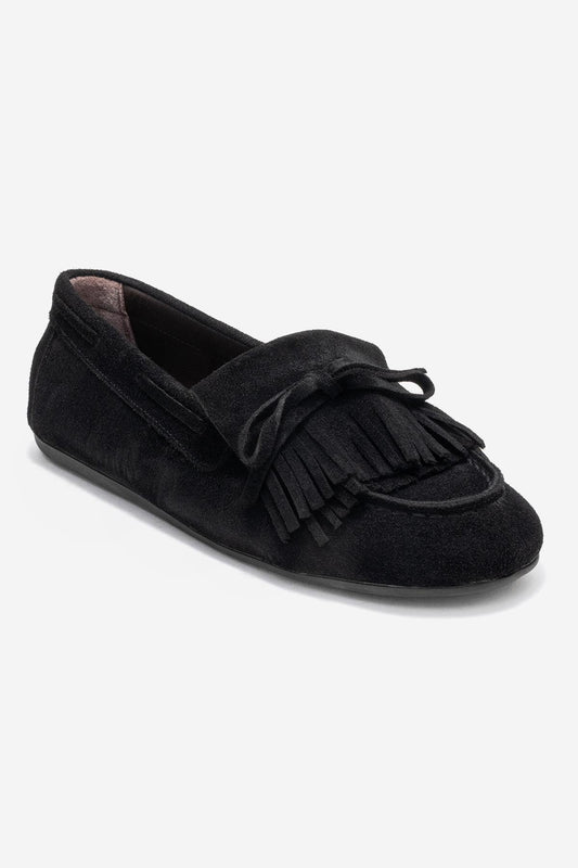 Axeli - Mocasín de cuero de gamuza negro con borlas (Mujer)