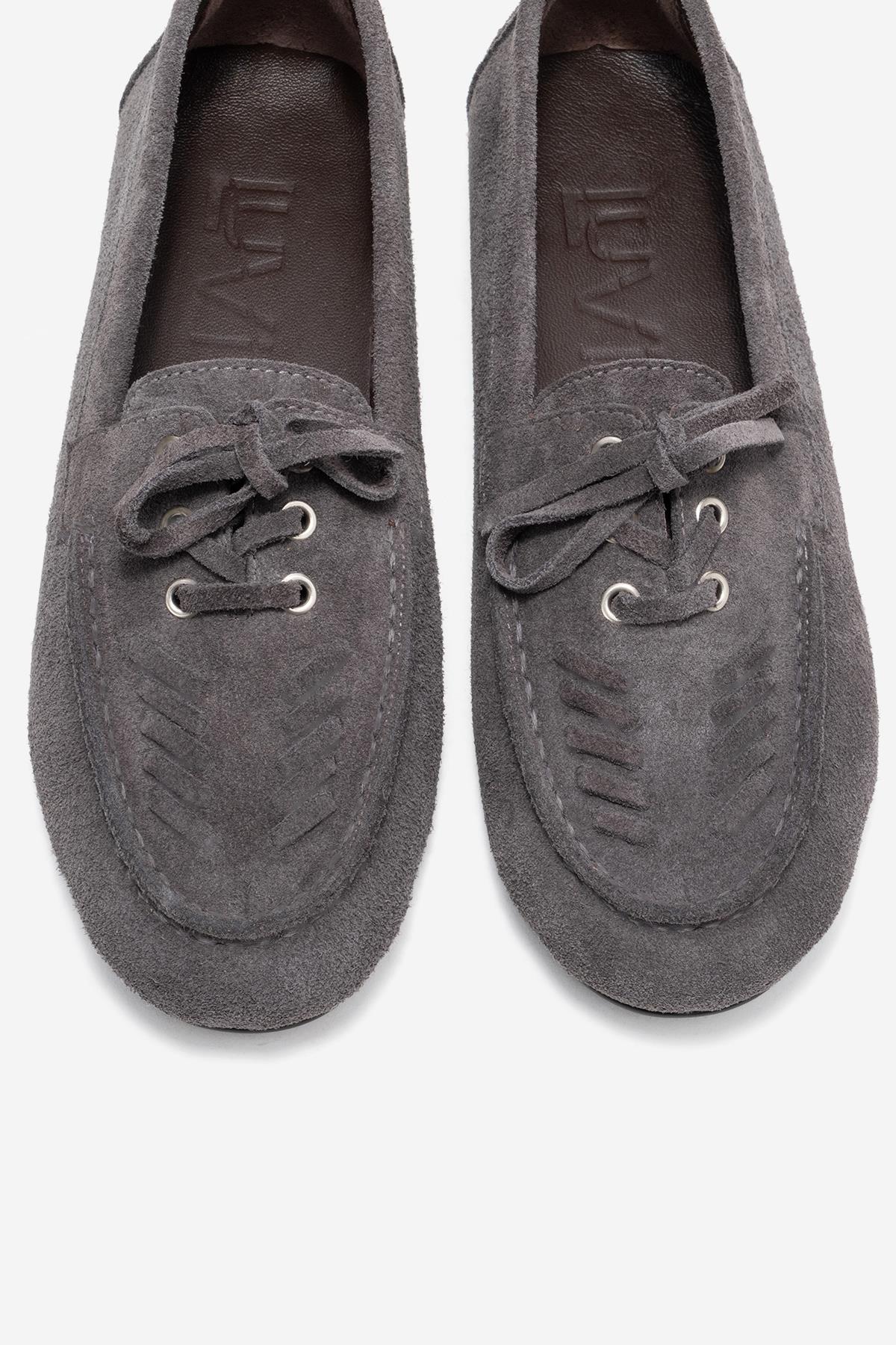 Lorven - Mocasines de Cordones de Ante Gris (Mujer)