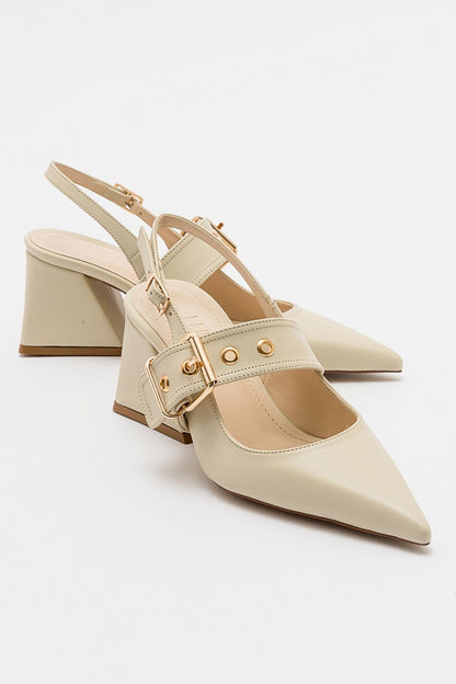Nepido - Zapato de tacón de bloque con punta puntiaguda en blanco roto (Mujer)