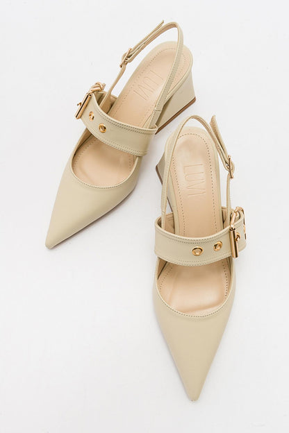 Nepido - Zapato de tacón de bloque con punta puntiaguda en blanco roto (Mujer)