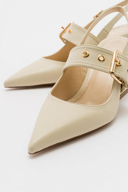 Nepido - Zapato de tacón de bloque con punta puntiaguda en blanco roto (Mujer)