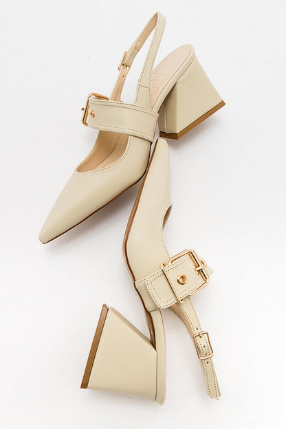 Nepido - Zapato de tacón de bloque con punta puntiaguda en blanco roto (Mujer)