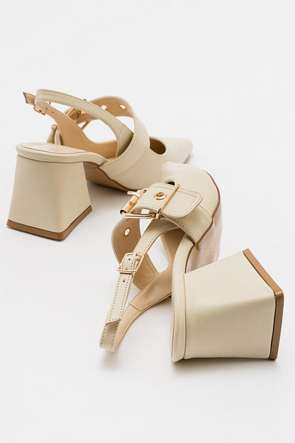 Nepido - Zapato de tacón de bloque con punta puntiaguda en blanco roto (Mujer)
