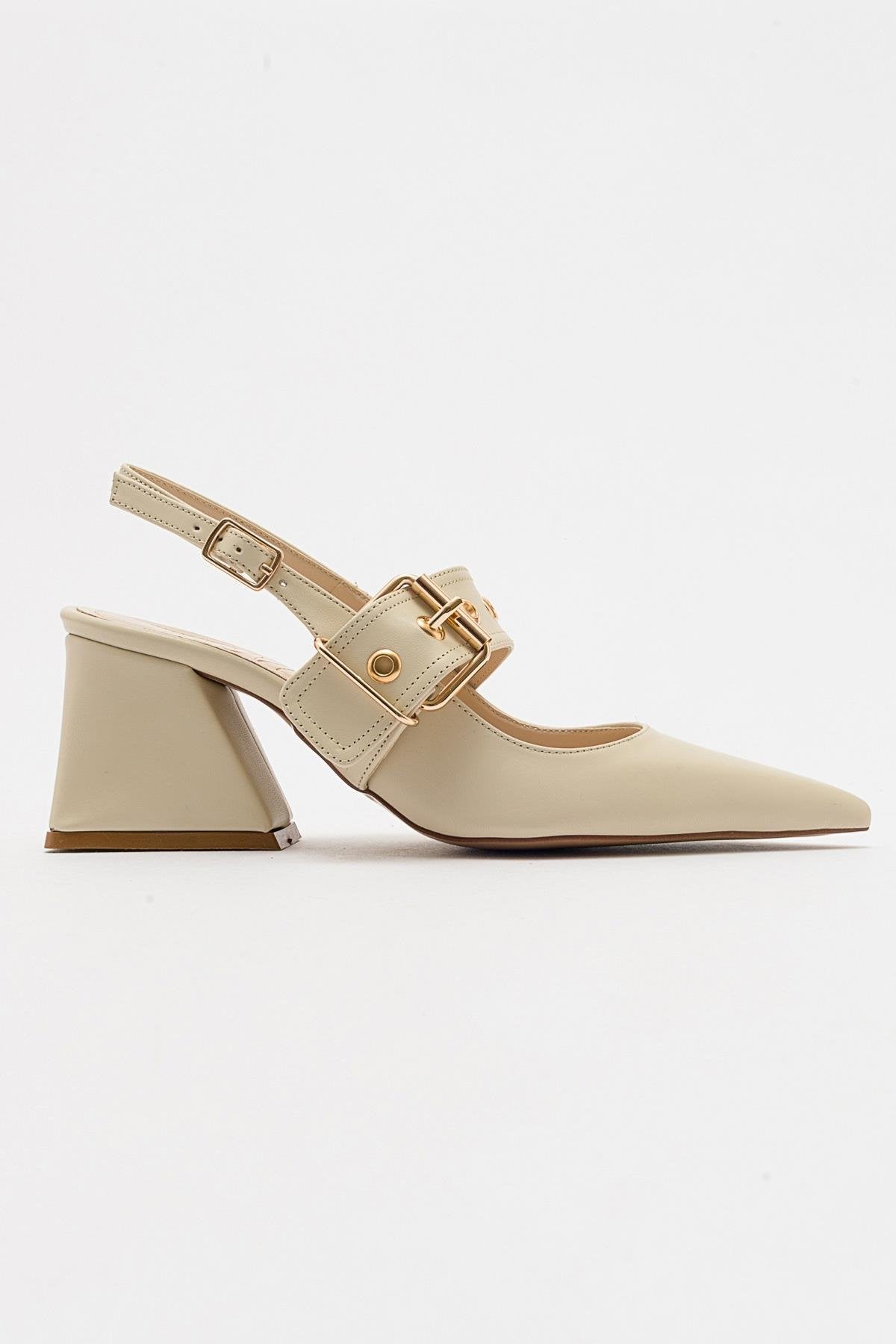 Nepido - Zapato de tacón de bloque con punta puntiaguda en blanco roto (Mujer)