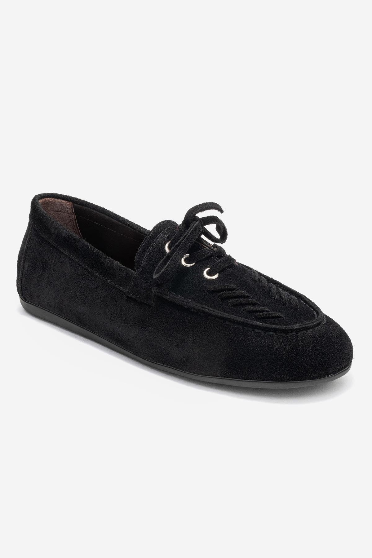 Lorven - Mocasín de cuero de ante negro con cordones (Mujer)