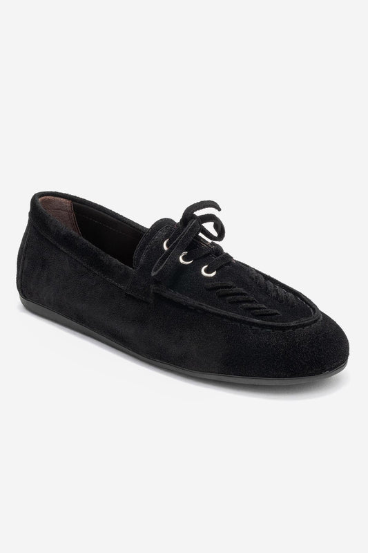 Lorven - Mocasín de cuero de ante negro con cordones (Mujer)