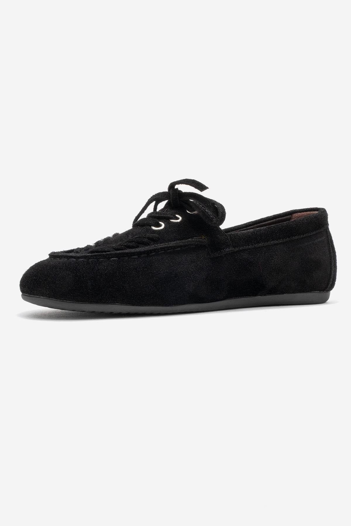 Lorven - Mocasín de cuero de ante negro con cordones (Mujer)