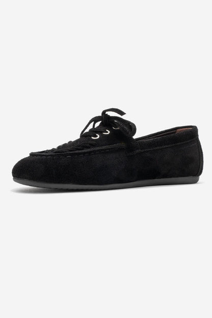 Lorven - Mocasín de cuero de ante negro con cordones (Mujer)