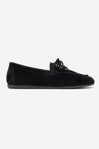 Lorven - Mocasín de cuero de ante negro con cordones (Mujer)