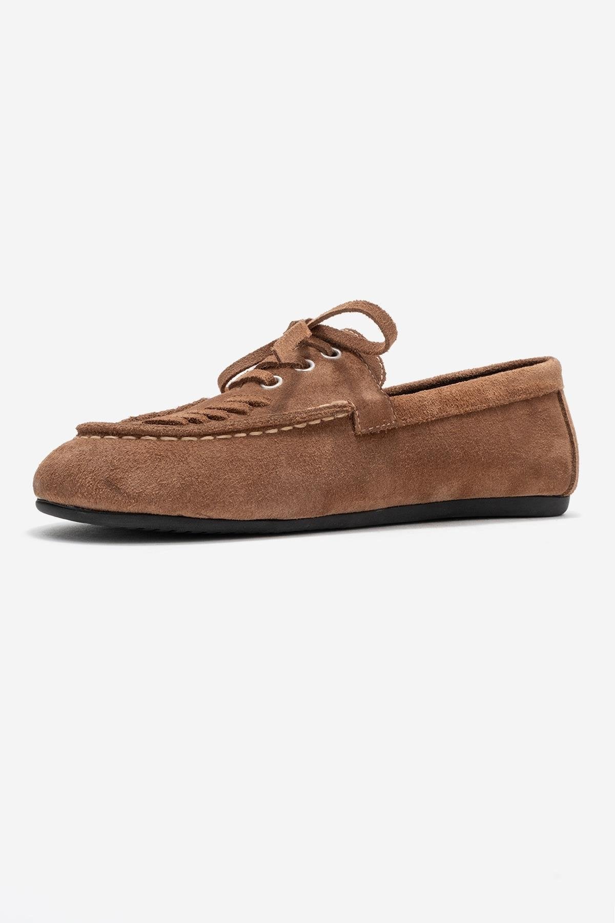 Lorven - Mocasín de cuero de ante color coñac con cordones (Mujer)