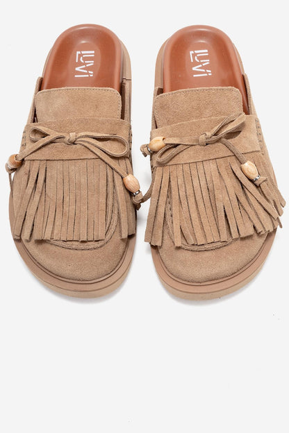 Carol - Mules de cuero con borla de ante coñac (Mujer)