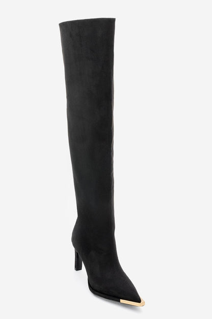 Vody - Bota mosquetera de tacón de aguja con cremallera en ante negro (mujer)
