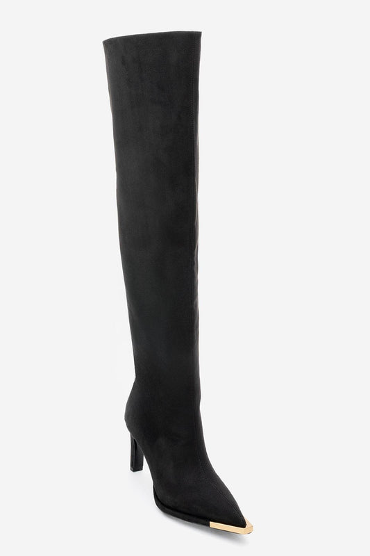 Vody - Bota mosquetera de tacón de aguja con cremallera en ante negro (mujer)