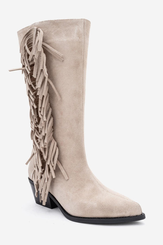Orlo - Bota vaquera con flecos de piel de ante color beis (mujer)
