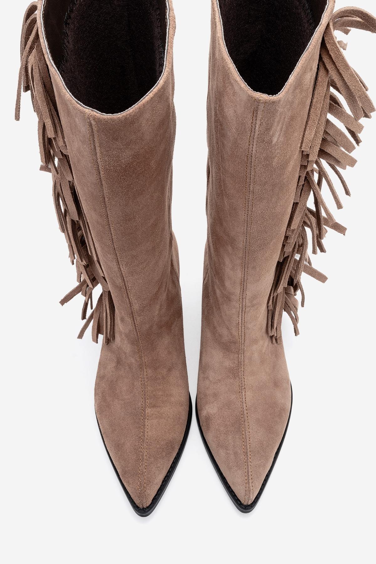 Orlo - Bota vaquera de gamuza color café claro con flecos (mujer)