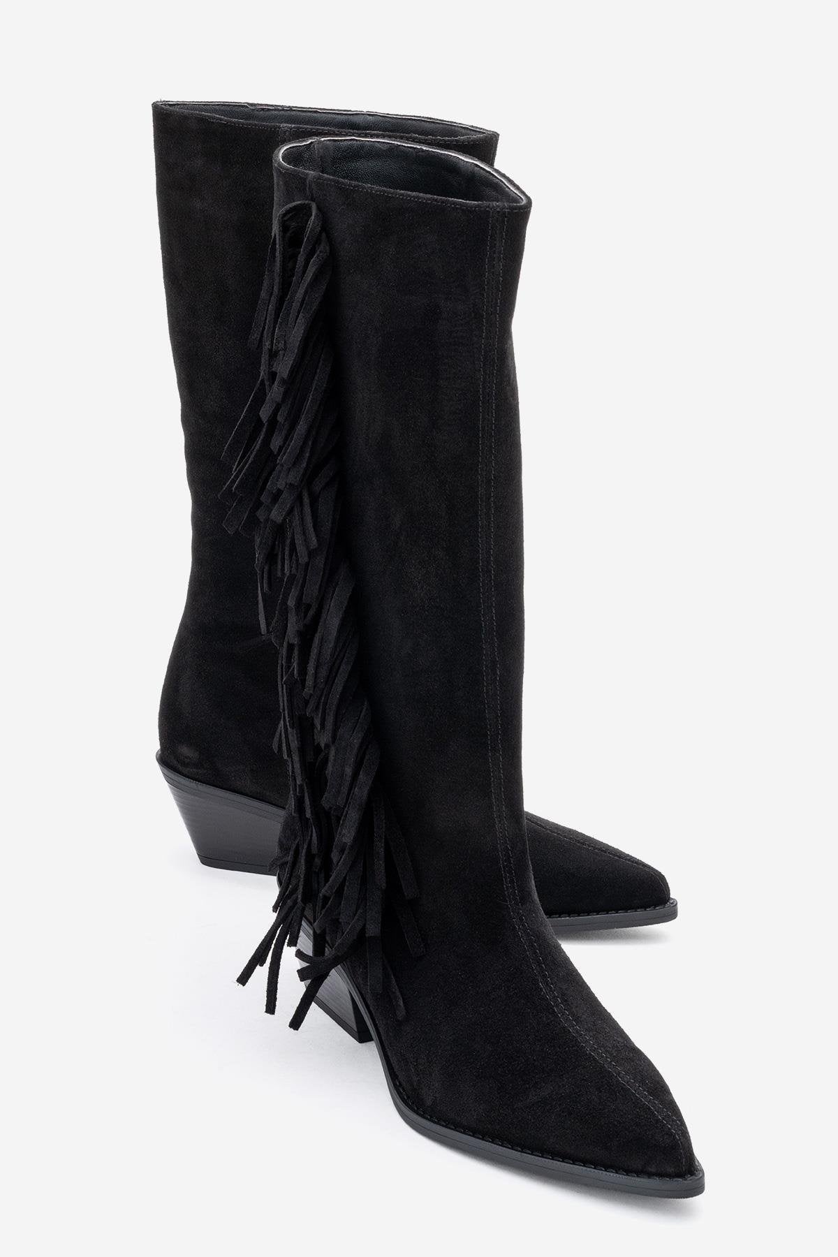 Orlo - Bota vaquera con flecos de piel de ante negra (mujer)
