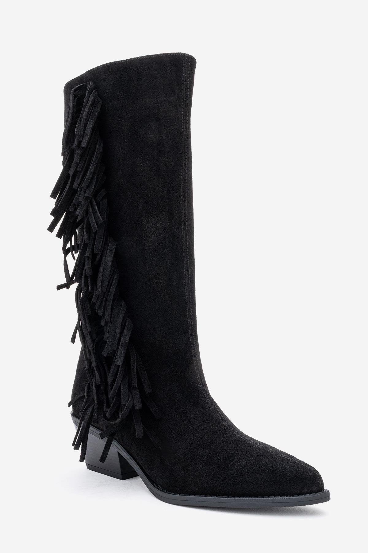 Orlo - Bota vaquera con flecos de piel de ante negra (mujer)