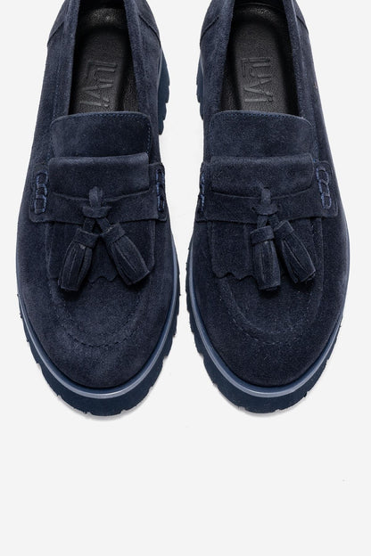 Poen - Mocasín con borlas de cuero de gamuza azul marino (mujer)