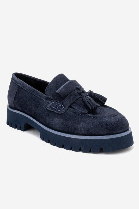 Poen - Navy Suede Leather Tassel Loafer (Women)
