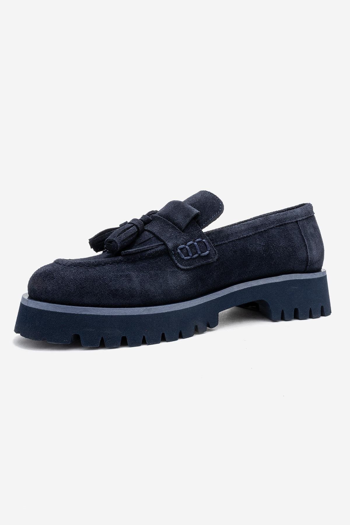 Poen - Mocasín con borlas de cuero de gamuza azul marino (mujer)