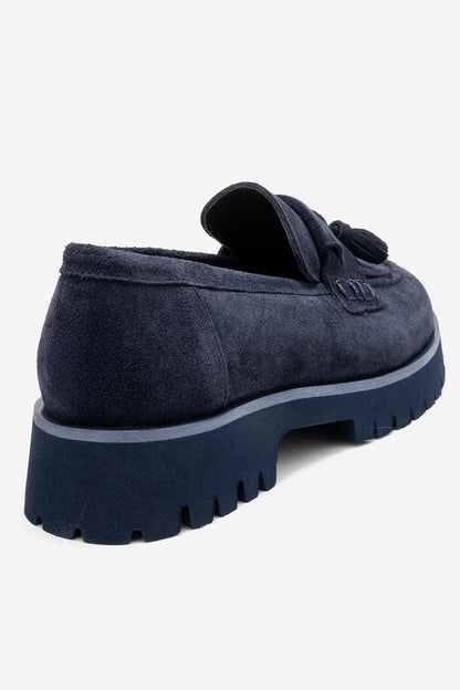 Poen - Mocasín con borlas de cuero de gamuza azul marino (mujer)