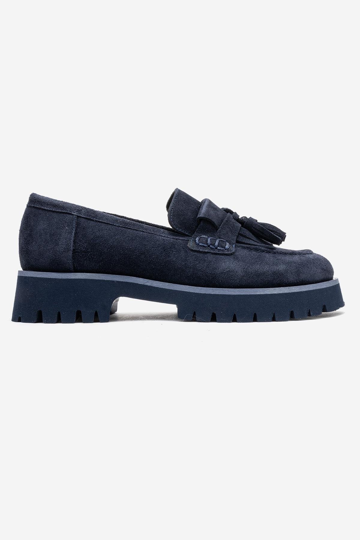 Poen - Mocasín con borlas de cuero de gamuza azul marino (mujer)