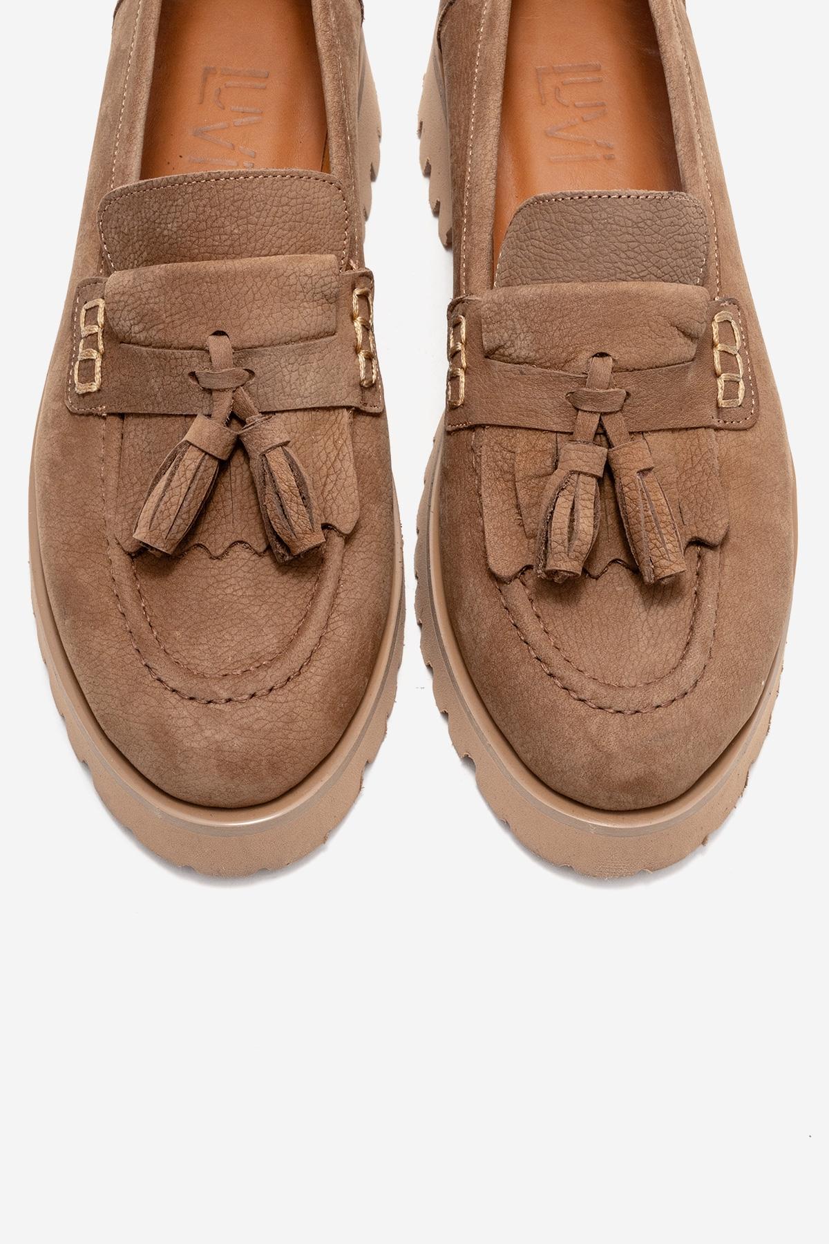 Poen - Mocasines de borlas de cuero de gamuza coñac (Mujer)