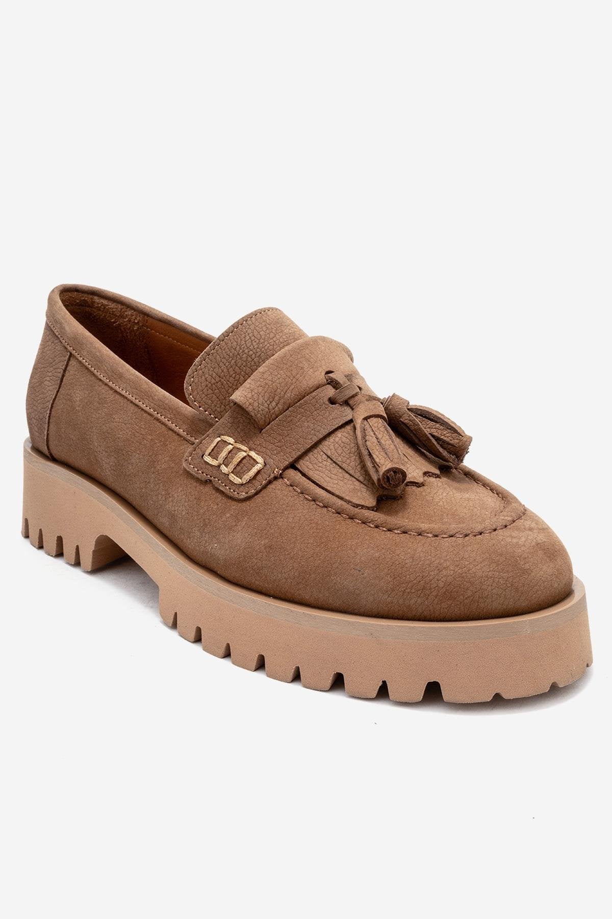 Poen - Mocasines de borlas de cuero de gamuza coñac (Mujer)
