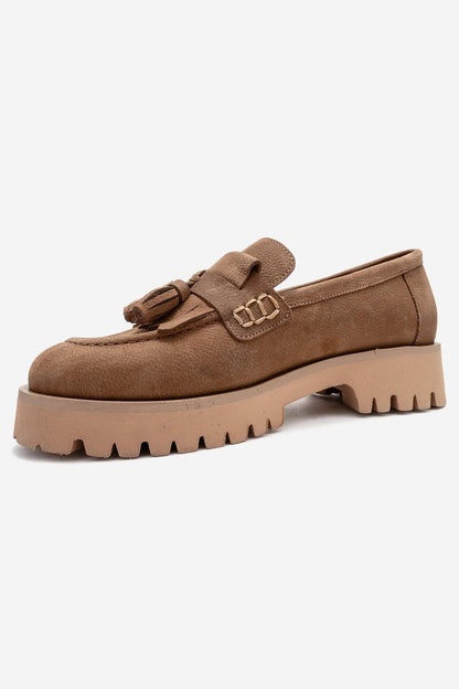 Poen - Mocasines de borlas de cuero de gamuza coñac (Mujer)