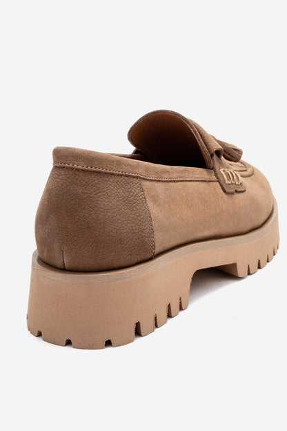 Poen - Mocasines de borlas de cuero de gamuza coñac (Mujer)