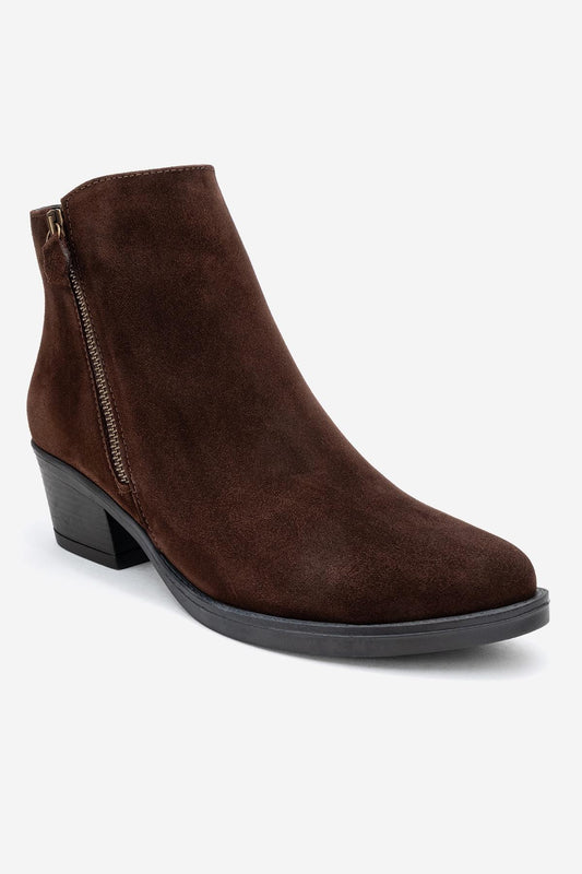 JAYER Brown Suede Leather Double-Zip Block Heel Boot (Women)