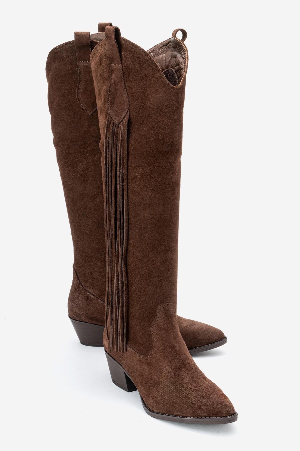 Rios - Bota alta de ante marrón con flecos hasta la rodilla (mujer)