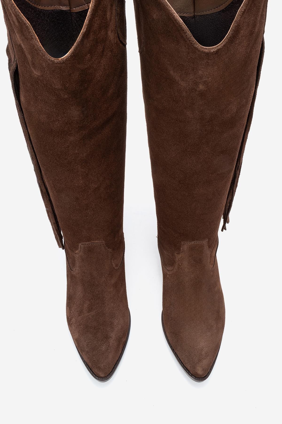 Rios - Bota alta de ante marrón con flecos hasta la rodilla (mujer)