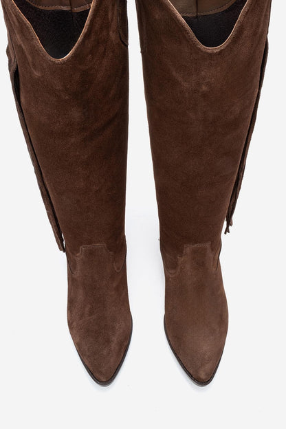 Rios - Bota alta de ante marrón con flecos hasta la rodilla (mujer)