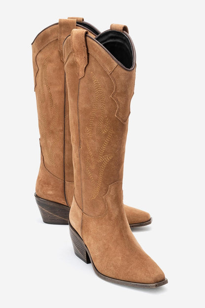 Pietro - Bota alta de cuero de ante color coñac estilo western (mujer)