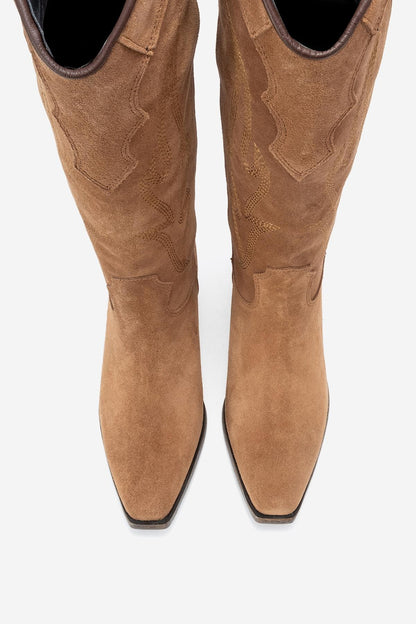 Pietro - Bota alta de cuero de ante color coñac estilo western (mujer)