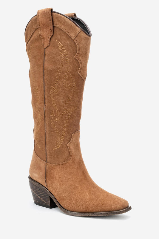 Pietro - Cognac Suede Leather Western Knee High Boot (Women)
