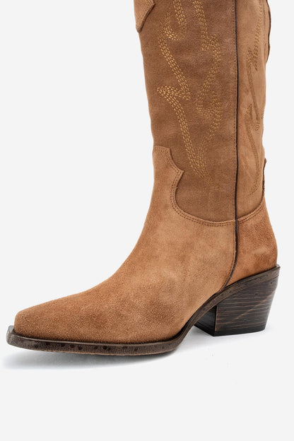 Pietro - Bota alta de cuero de ante color coñac estilo western (mujer)