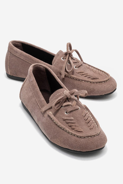 Lorven - Mocasín con cordones de piel de ante marrón claro (Mujer)
