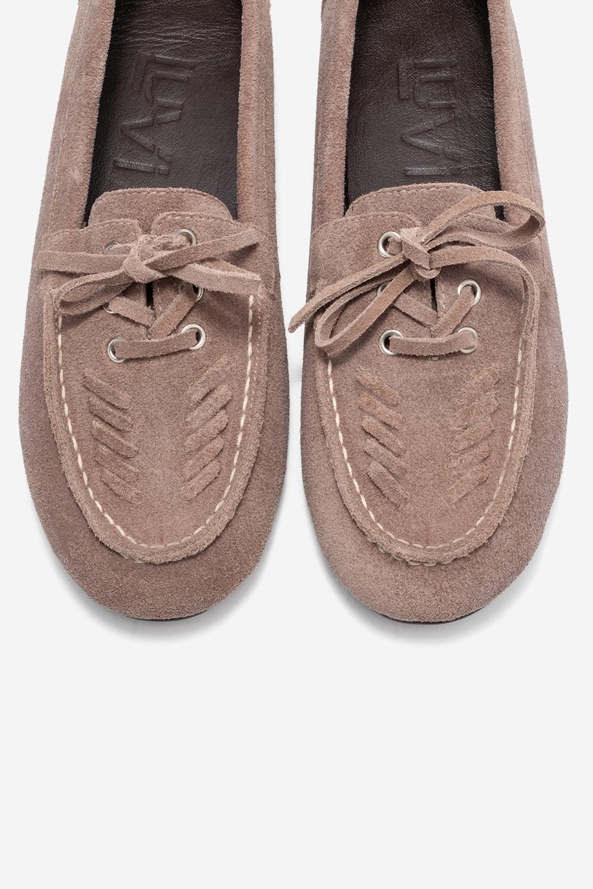 Lorven - Mocasín con cordones de piel de ante marrón claro (Mujer)