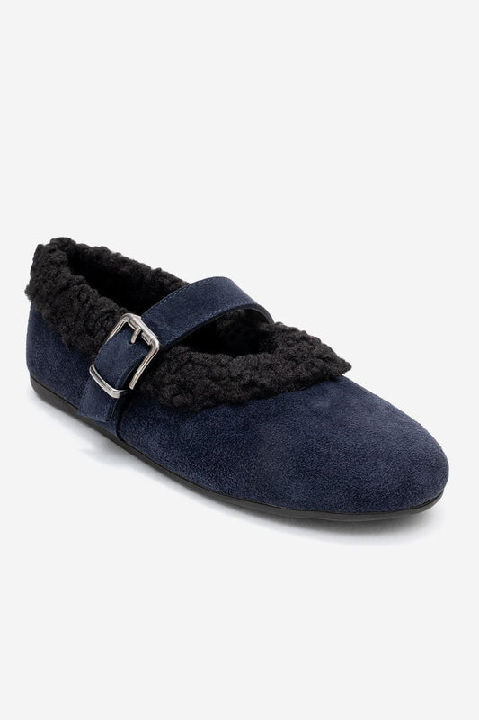 Guin - Navy Suede Leather Strap Flat (Women)